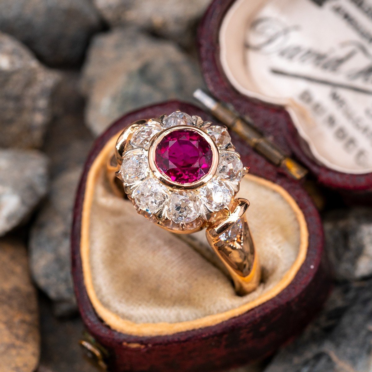 Antique Victorian Ruby Ring w/ Diamond Halo 18K Yellow Gold