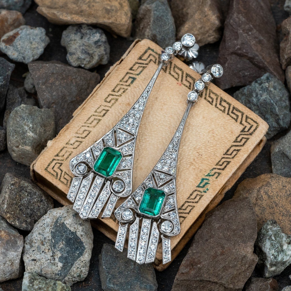Stunning 1920'S Art Deco Emerald Earrings W/ Diamonds