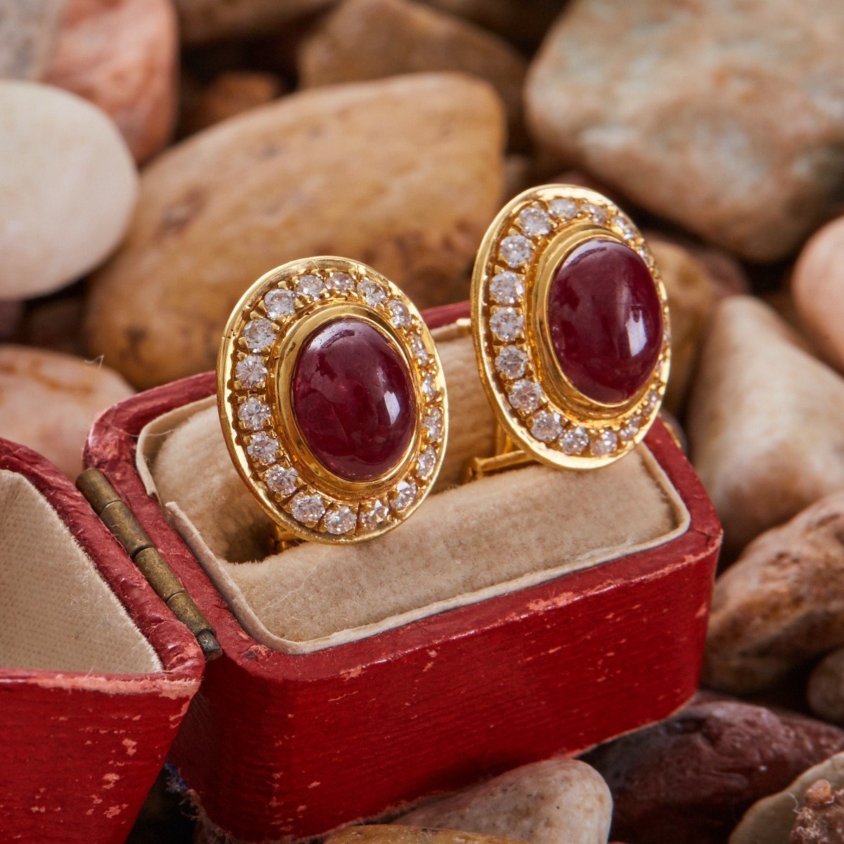 Cabochon-Ruby-Diamond-Gold-Floral-Button-Earrings - Charles Schwartz & Son