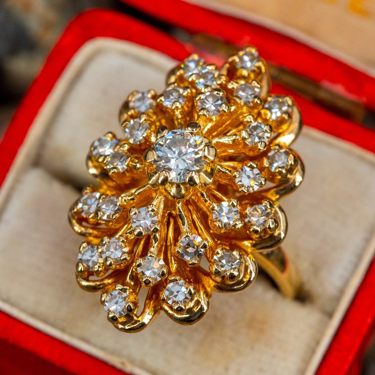 Florere cocktail ring, Flower, Yellow, Gold-tone plated | Swarovski
