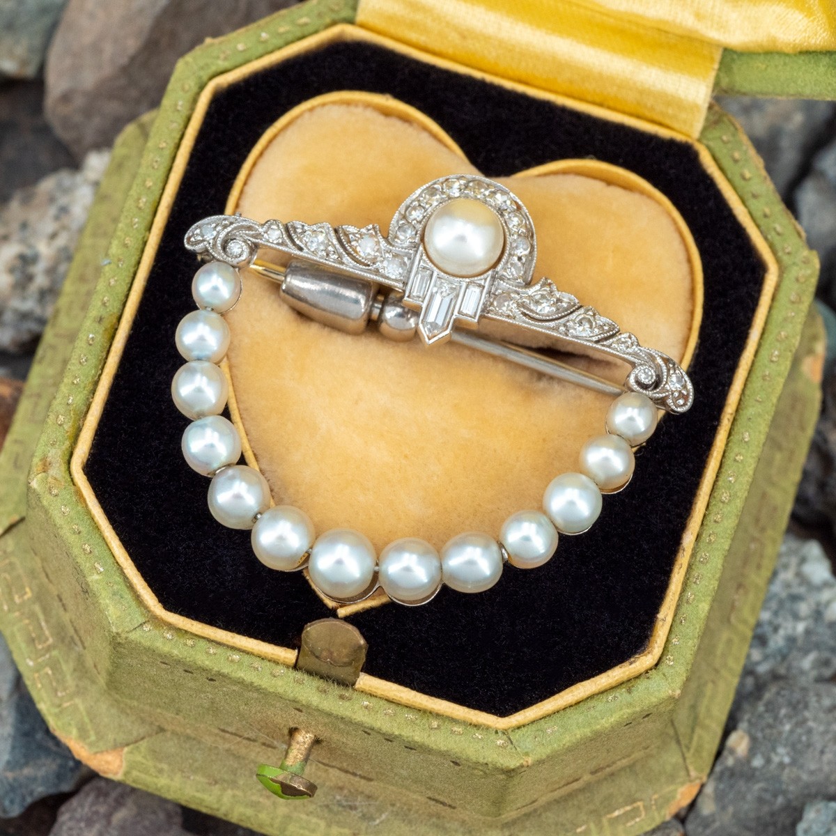 Circa 1930's Art Deco Pearl & Diamond Brooch Pin Platinum