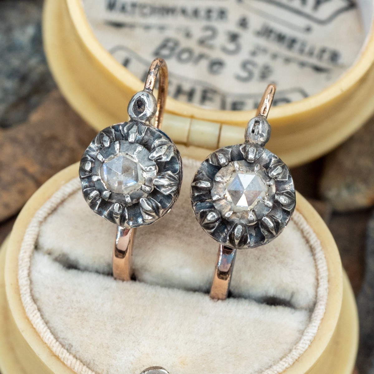 Vintage Earrings w Rose Cut Diamonds 18K  Silver