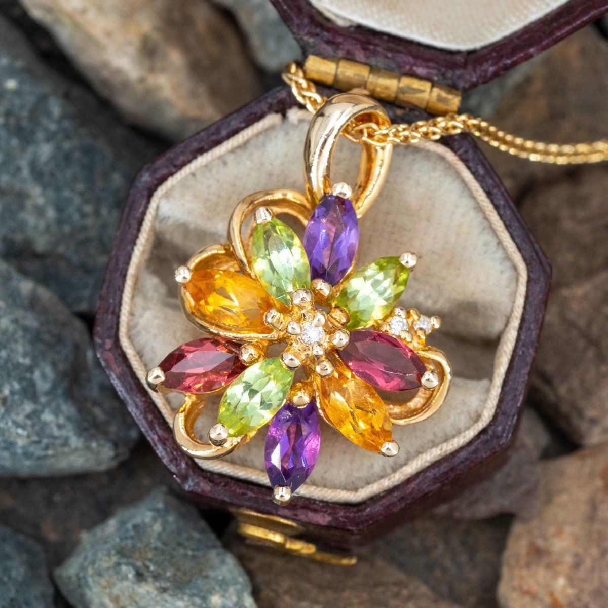 Vintage Multi Color Gemstone 18K Yellow Gold Station Necklace - Ruby Lane
