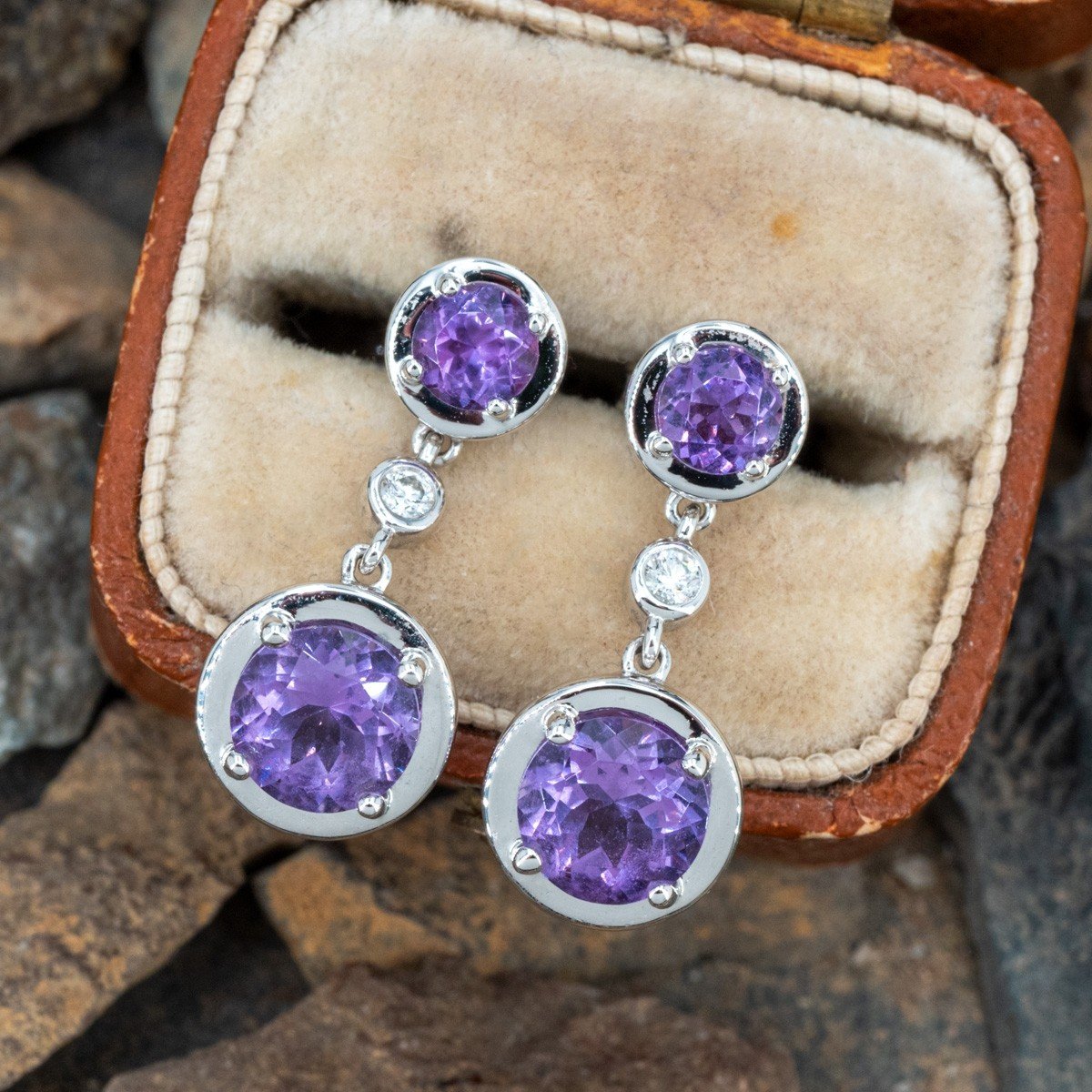 Signed Fred Leighton Cushion Amethyst Silver topped Gold Collet Drop  Earrings | Fred Leighton