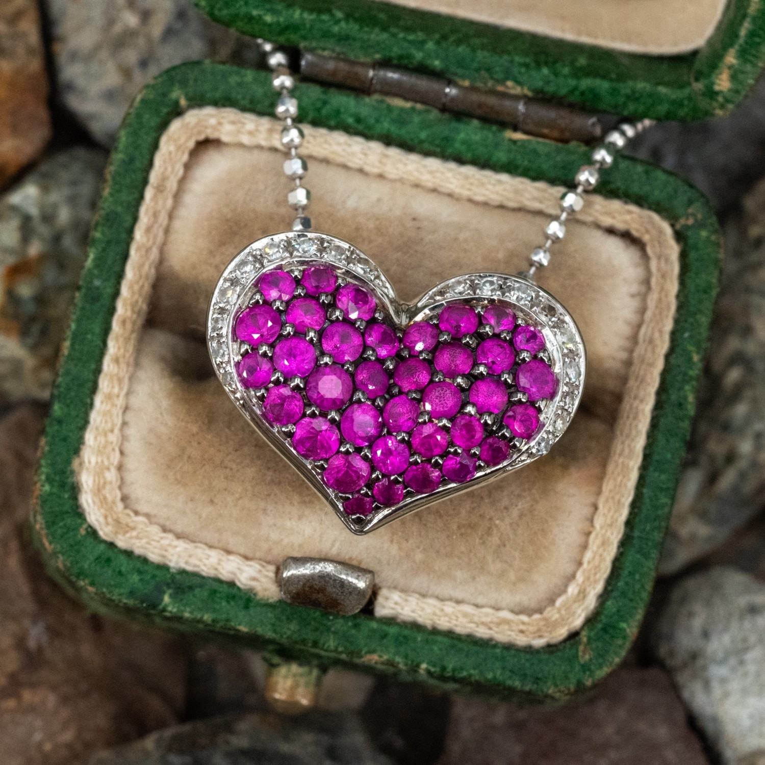 Ruby & Diamond Heart Pendant Necklace 14K White Gold
