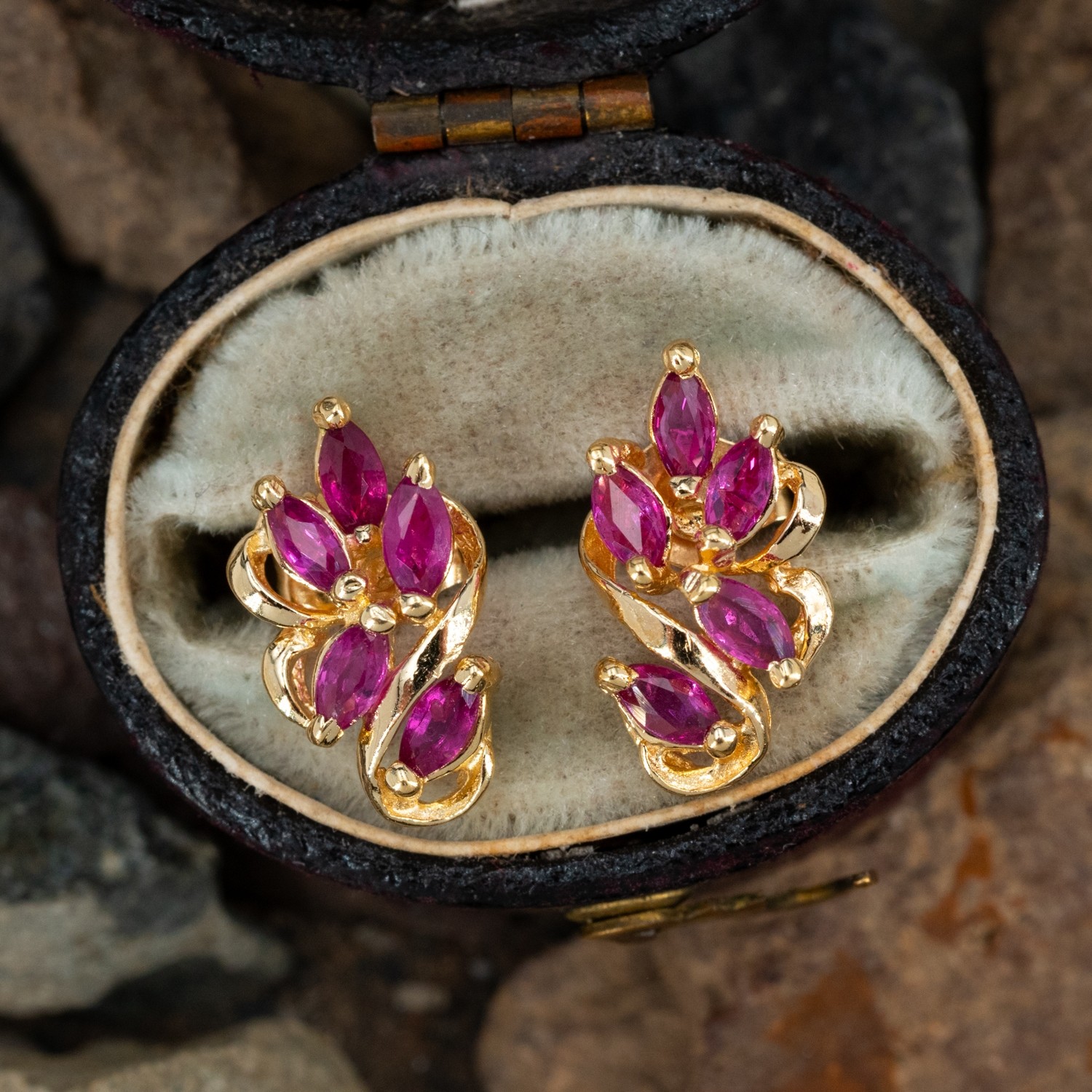 Pretty Marquise Ruby Cluster Earrings 14K Yellow Gold