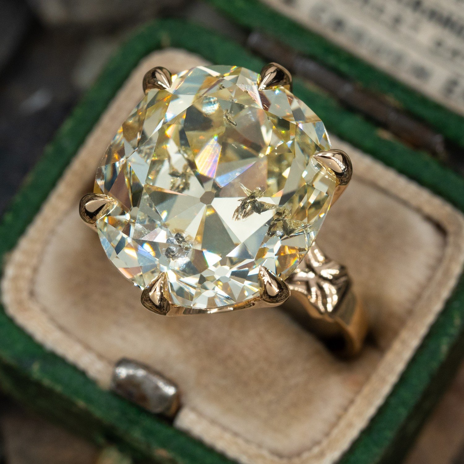 Dazzling Yellow Old Mine Cut Diamond Deco Engagement Ring – Gem Set Love