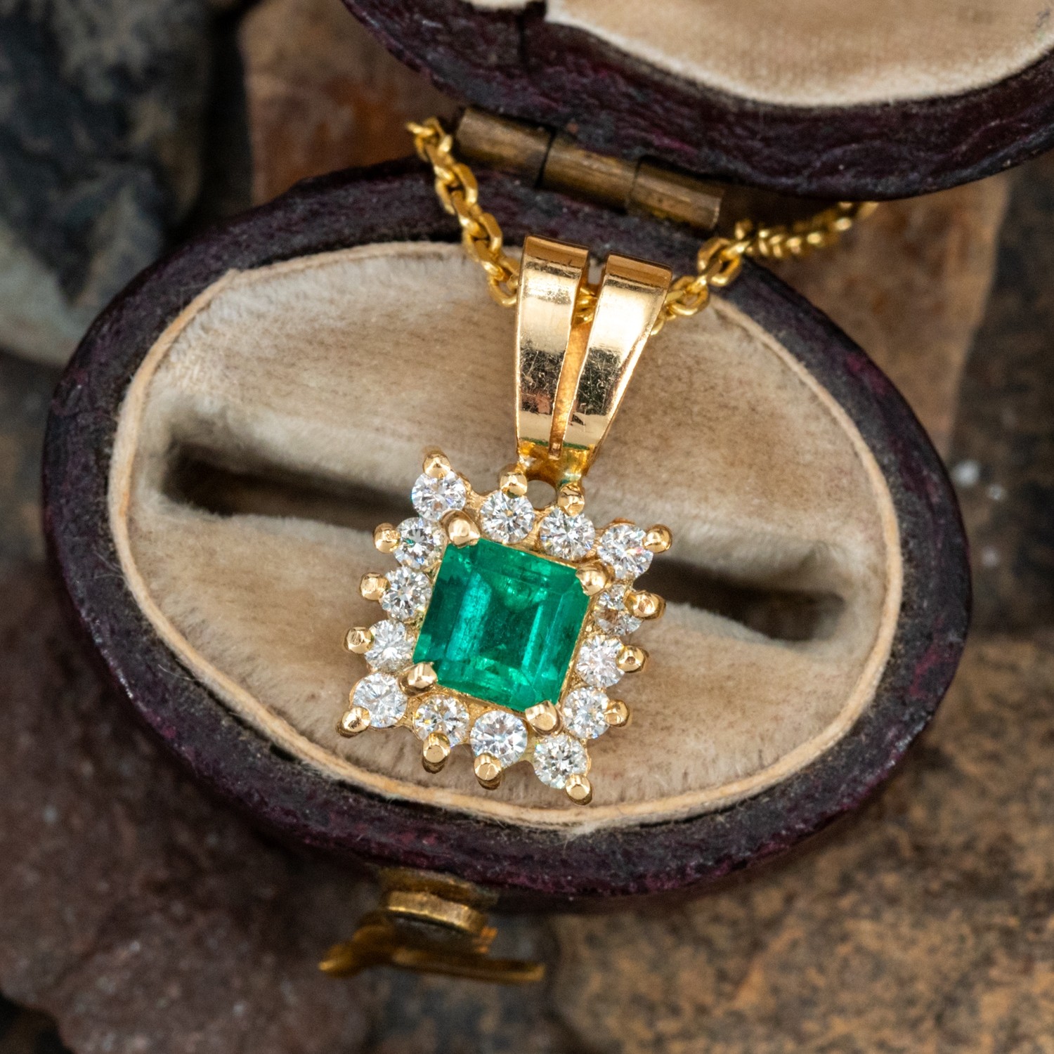 Emerald w/ Diamond Halo Pendant Necklace 18K/ 14K