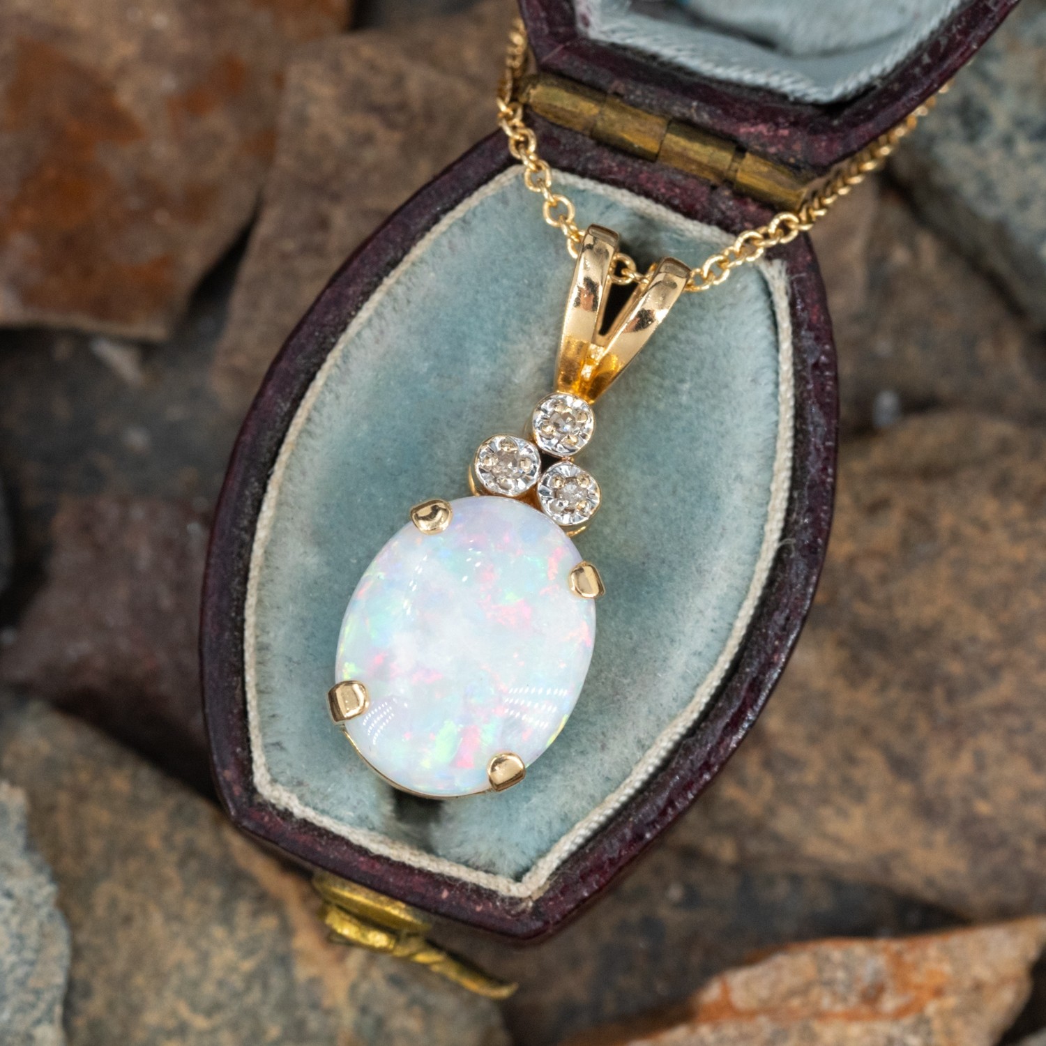 Diamond Accented Opal Pendant Necklace 14K Yellow Gold
