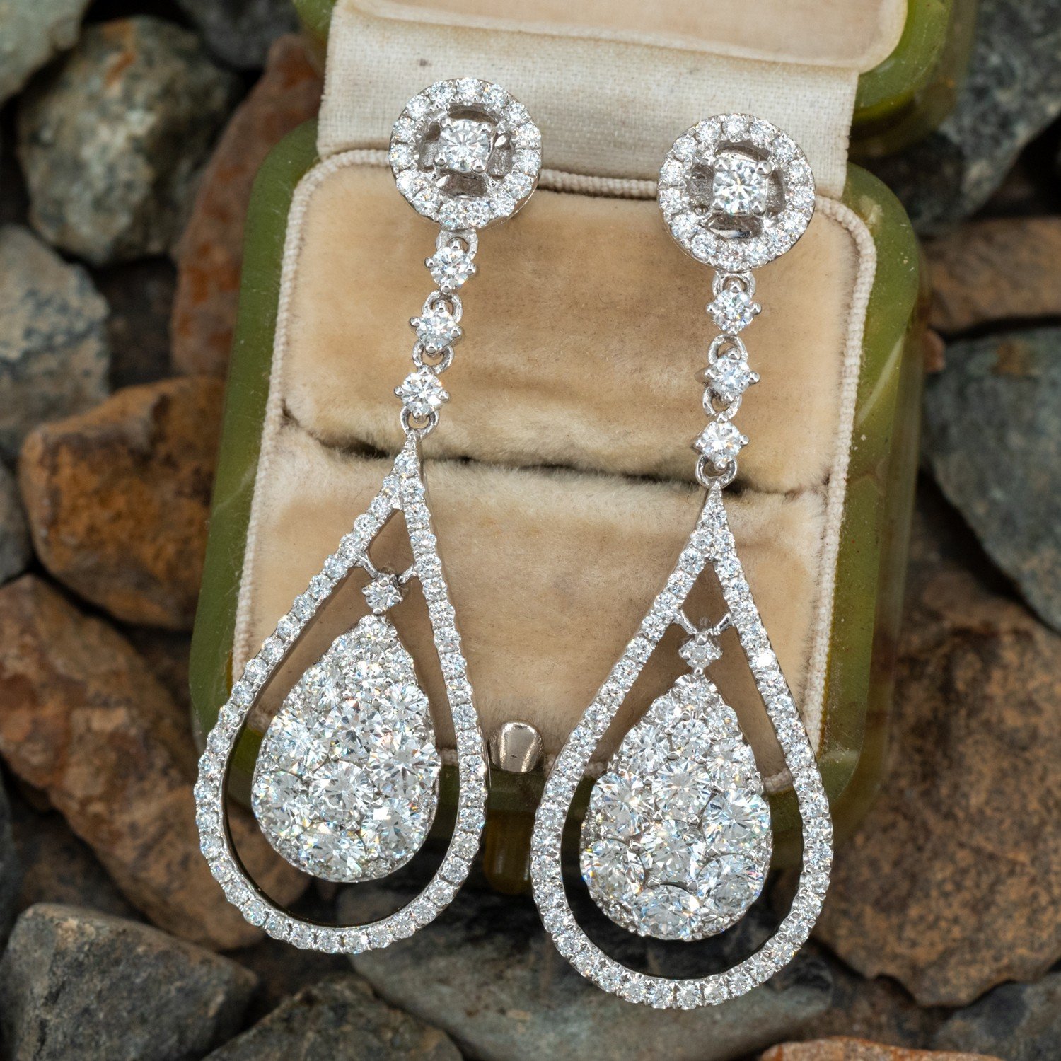Drop Shape Diamond Dangle Earrings 14K White Gold EraGem Estate, Antique & Vintage Jewelry