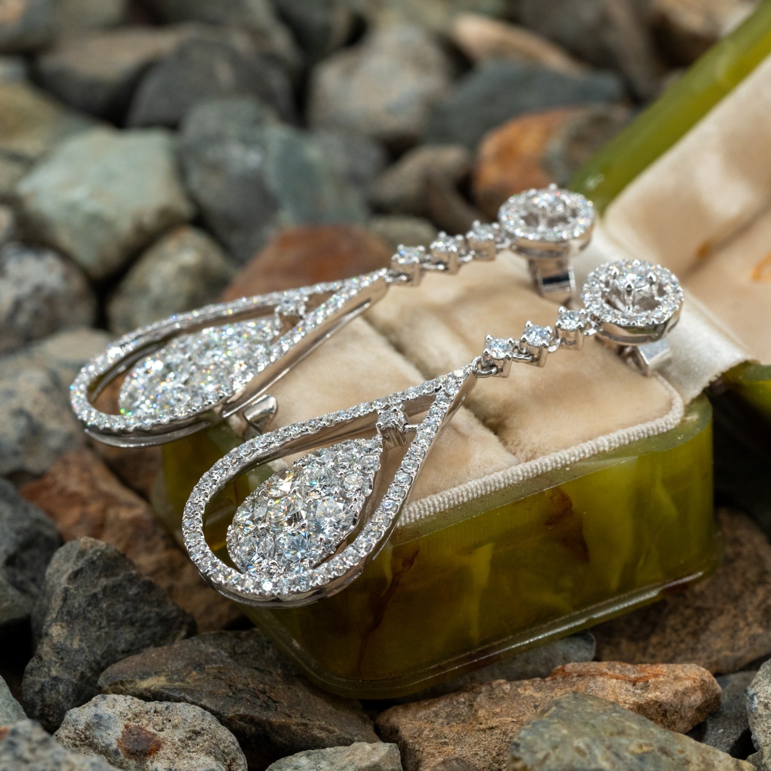 Drop Shape Diamond Dangle Earrings 14K White Gold EraGem Estate, Antique & Vintage Jewelry