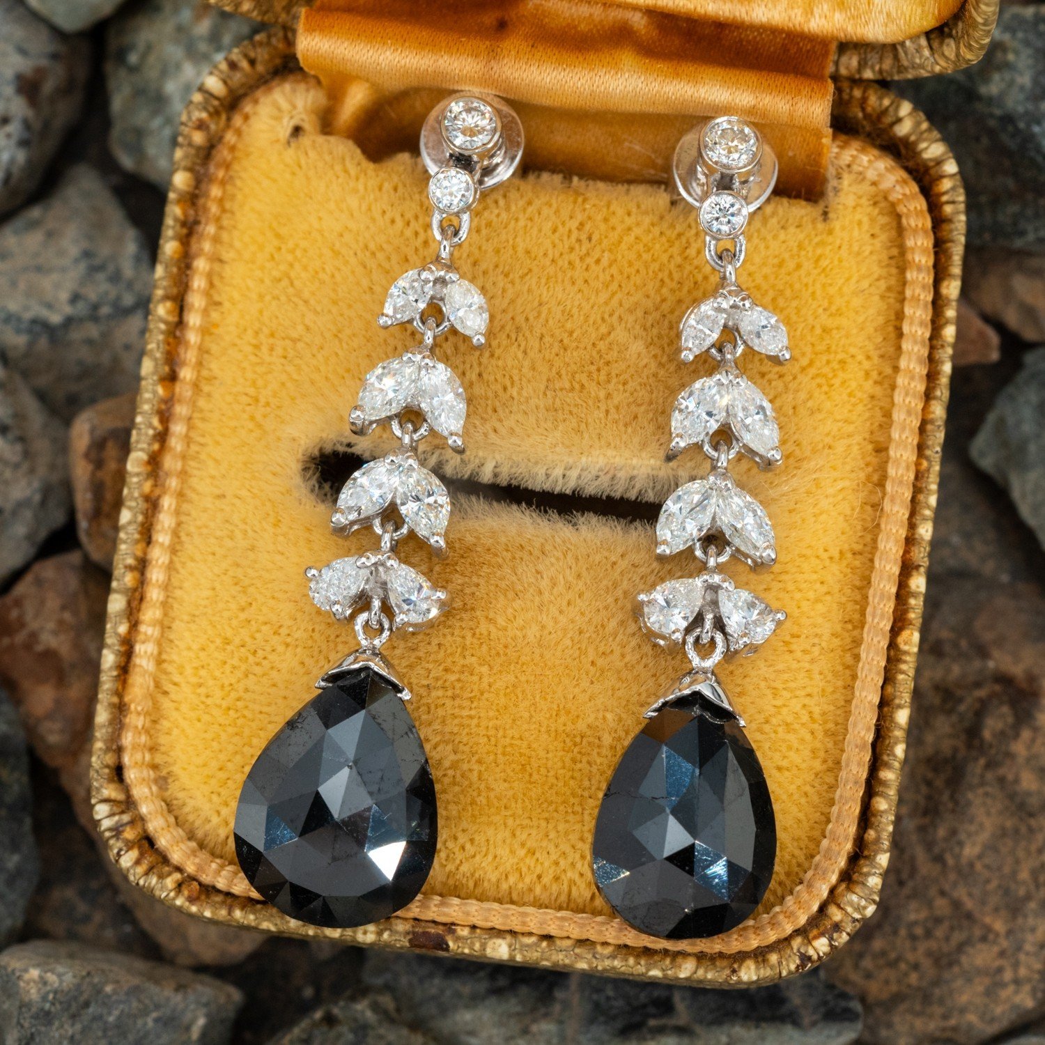 Black Diamond Briolette Dangle Earrings 18K White Gold