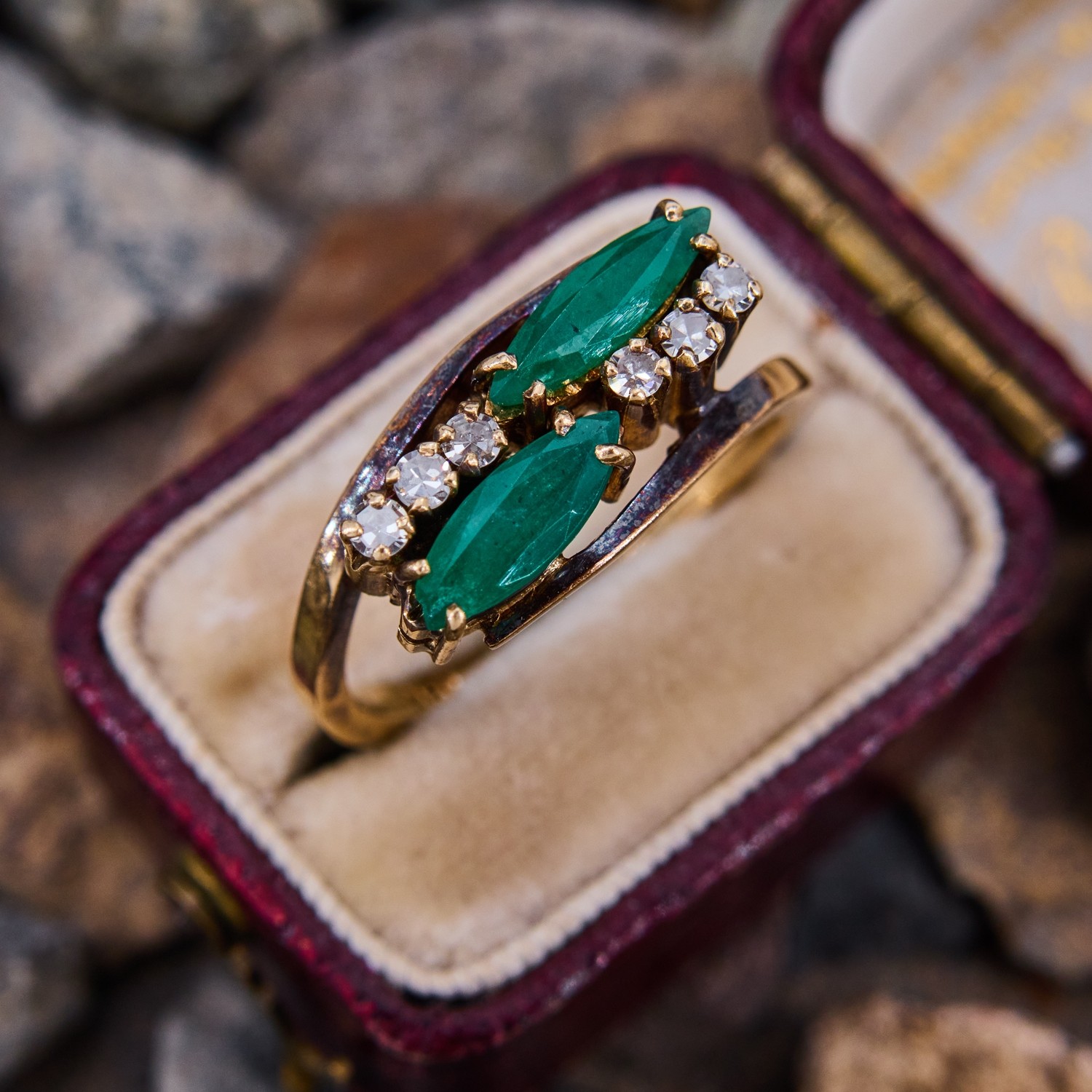 Vintage Emerald & Diamond Bypass Ring 18K Yellow Gold