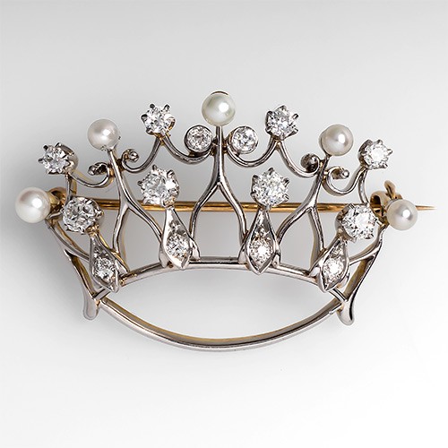 Antique Crown Diamond & Pearl Brooch Circa 1930