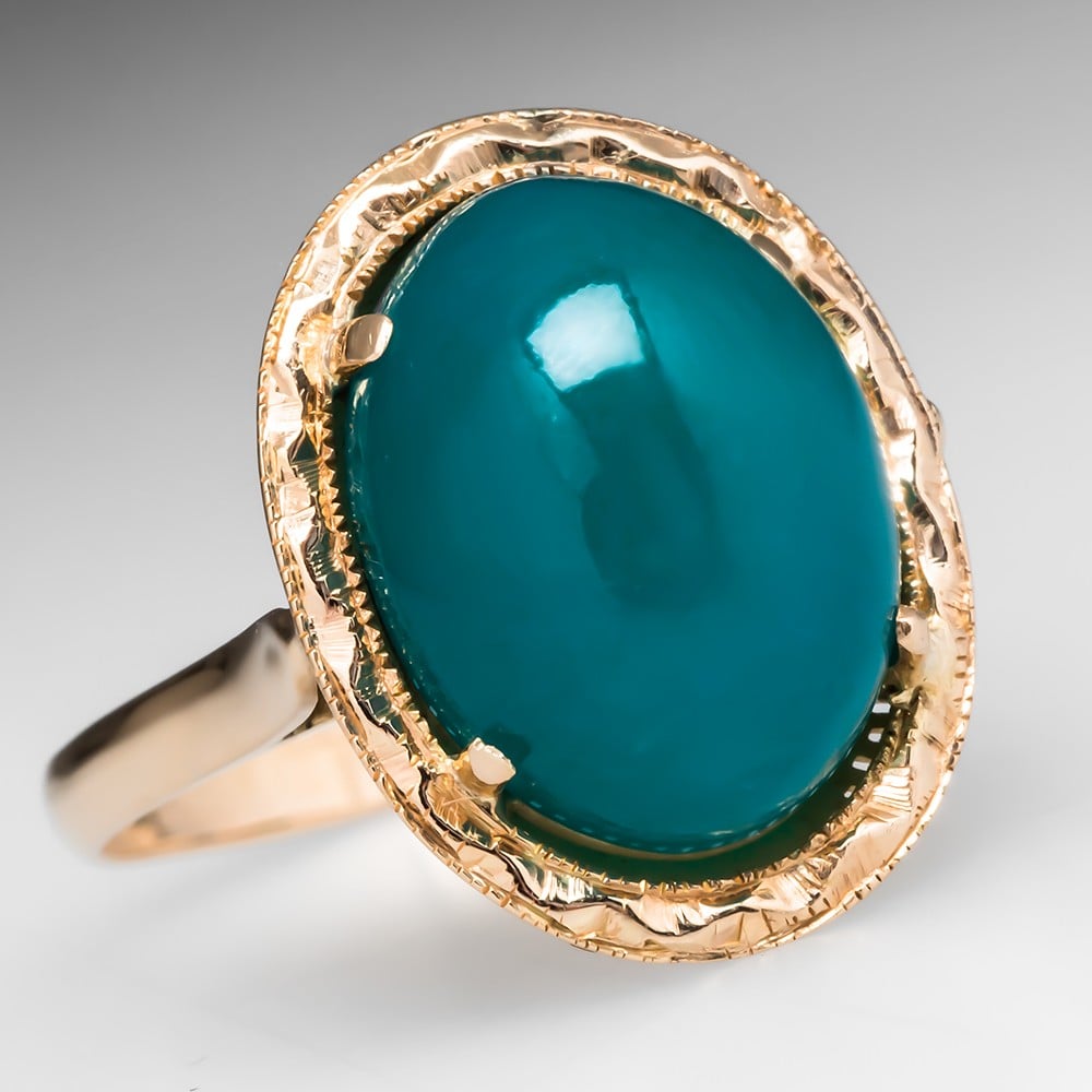 Antique Crysocolla-in-Chalcedony Ring w/ Etched Details 18K Gold