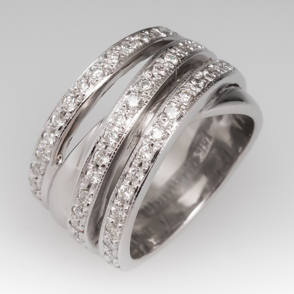Ladies Wide Band Diamond Ring 14K White Gold