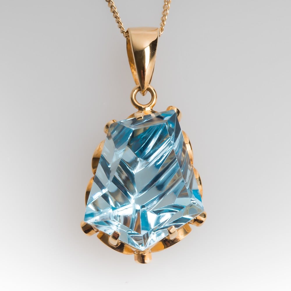 Fantasy Cut Blue Topaz Pendant Necklace 14K Gold