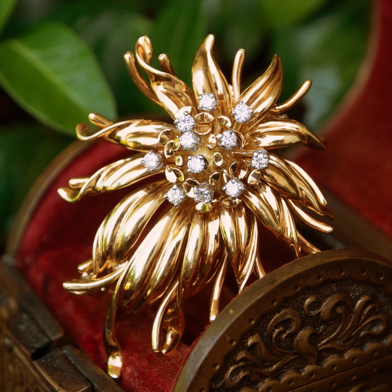 Multi Gem Floral Diamond Brooch 18K Yellow Gold EraGem Estate, Antique & Vintage Jewelry