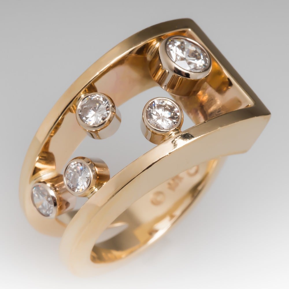 Ladies Diamond Cocktail Ring Asymmetrical 14K Yellow Gold