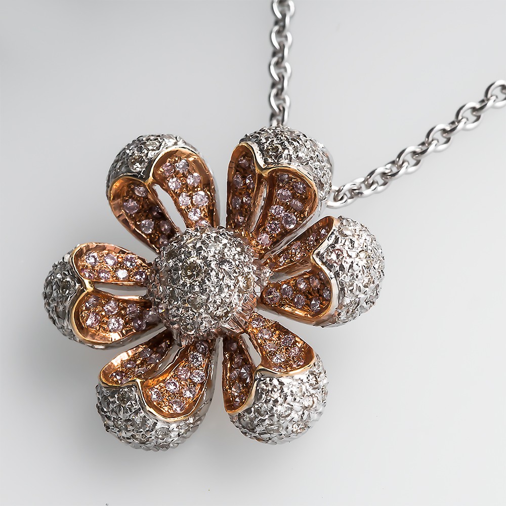 Fancy Light Pink Diamond Flower Pendant Necklace 18K Two-Tone Gold