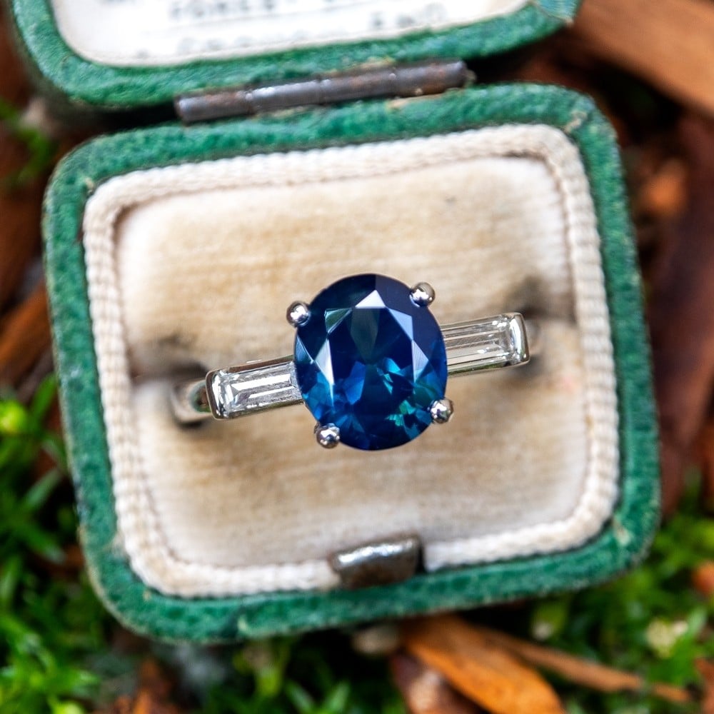 Teal Sapphire Engagement Ring Platinum w/ Baguette Accents
