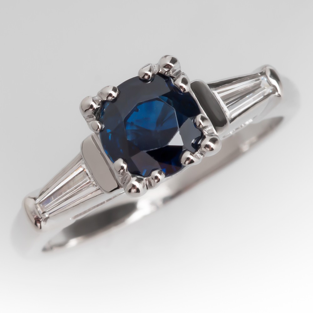 Vintage 1 Carat Round Blue Sapphire & Diamond Platinum Ring