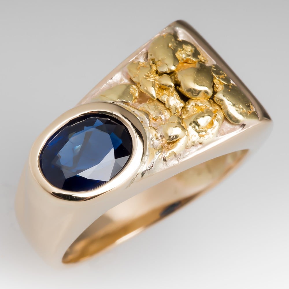 Vintage Mens Ring Blue Sapphire Nugget Motif 14K Gold