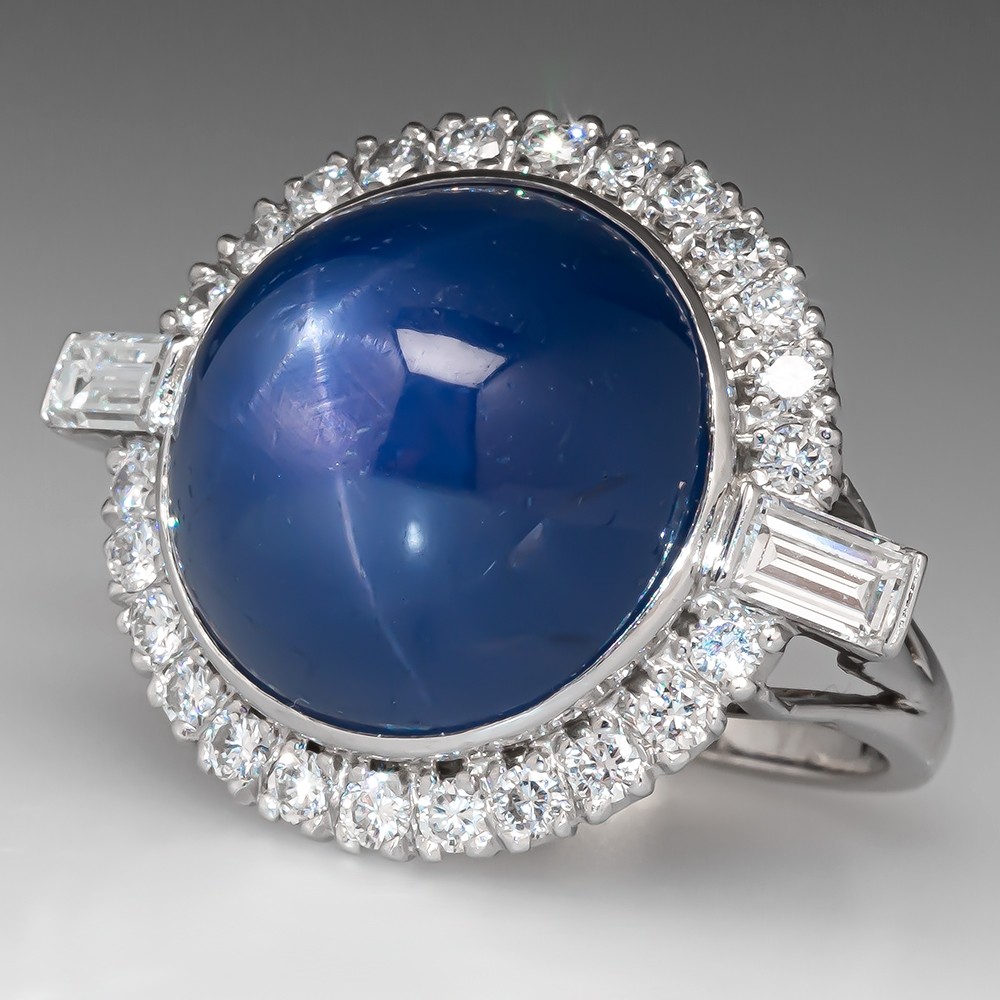 Star Sapphire Vintage Cocktail Ring w/ Diamond Halo