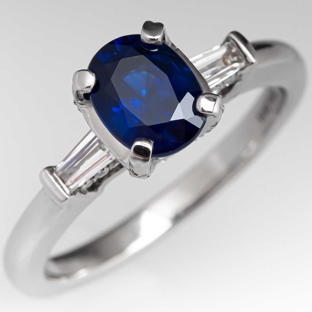 Blue Sapphire w/ Baguette Diamonds Engagement Ring 18K White Gold