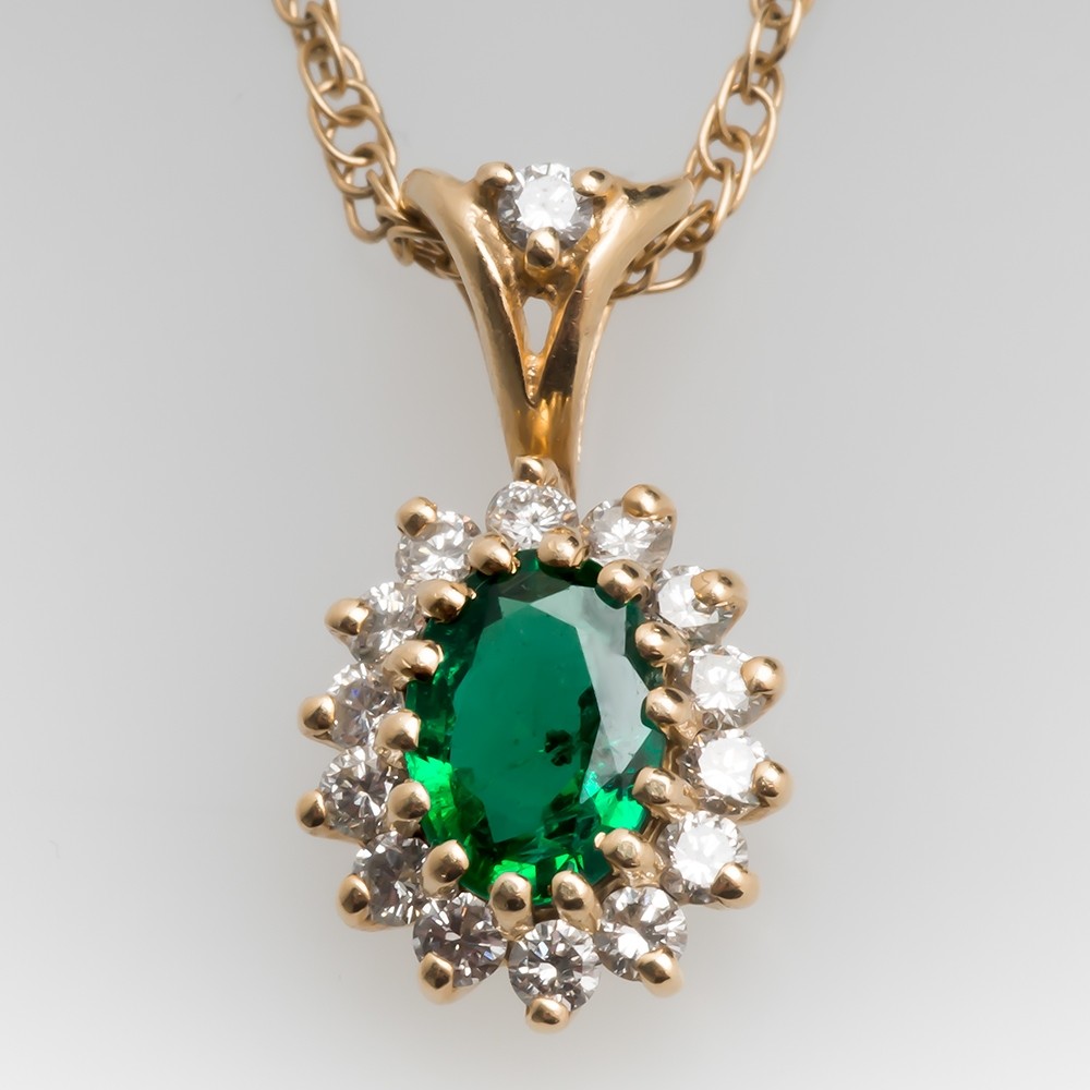 Emerald & Diamond Halo Slide Pendant Necklace 14K