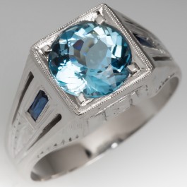 1940's Mens Aquamarine Ring with Created Sapphire Accents 18K Gold