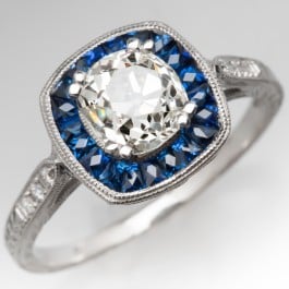 Sapphire Halo Engagement Ring Set w/ Old Mine Cut Heirloom Diamond