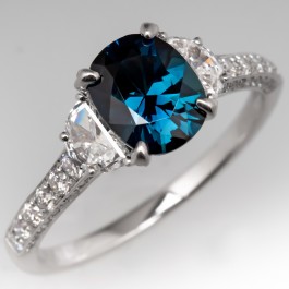 Vivid Peacock Color Sapphire & Diamond Ring 18K White Gold