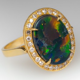 Gorgeous Black Opal Ring Diamond Halo 18K Yellow Gold