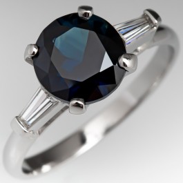 Dark Greenish Blue No Heat Sapphire Engagement Ring w/ Baguette ...