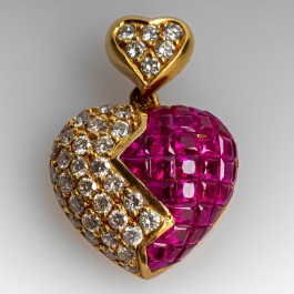 Heart Pendant w/ Rubies & Diamonds 18K Yellow Gold