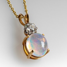 Jelly Opal Pendant Necklace w/ Diamond Accent in 14K Yellow Gold