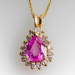 Pear Cut Pink Sapphire Pendant Necklace w/ Diamond Halo 14K