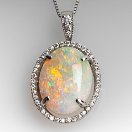 Opal Pendant Necklace w/ Diamond Halo in 14K Gold