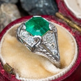 Art Deco Emerald Ring w/ Diamond Accents in Platinum