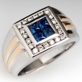 Mens Square Face Sapphire & Diamond Ring 14K White Gold