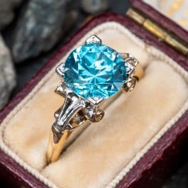 Vintage Blue Zircon Solitaire Ring 14K Two Tone Gold