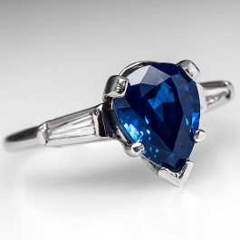 Vintage 3.3 Carat Pear Sapphire & Baguette Diamond Ring Platinum