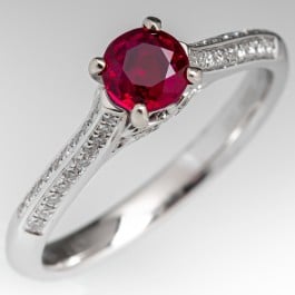 Natural Ruby Engagement Ring w/ Pavé Set Diamonds 18K White Gold