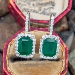Square Step Cut Emerald Earrings 18K White Gold