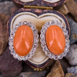 Vintage Cabochon Coral Earrings w/ Pearl Accents 14K Yellow Gold