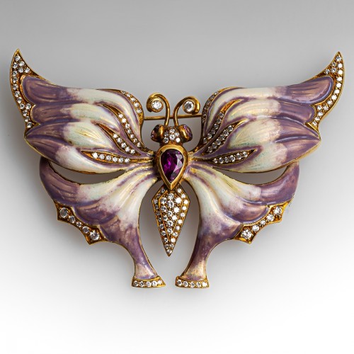 Diamond & Tourmaline Butterfly Brooch w/ Enamel in 18K Yellow Gold