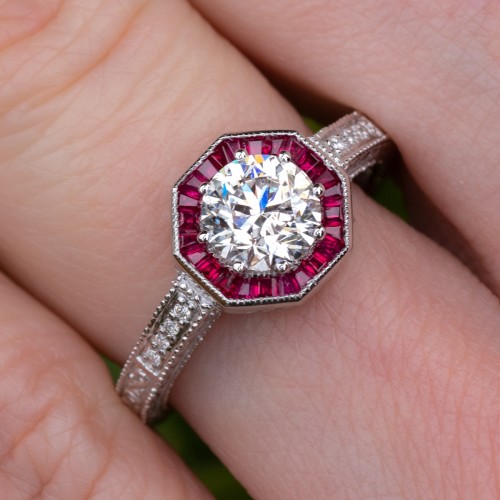1 Carat Diamond Engagement Ring w/ Ruby Halo 14K White Gold 1.00ct F/I1 GIA