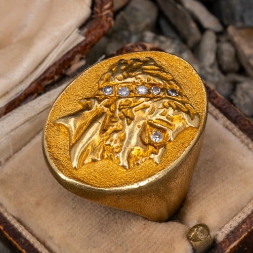 Vintage Mens Roman Cameo & Diamond Ring 18K Yellow Gold