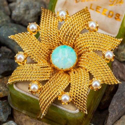 Opal & Pearl Flower Brooch/Pendant 14K Yellow Gold